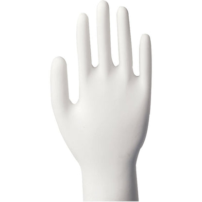 Um manequim branco está em pé com dedos abertos, semelhante ao ajuste das luvas de vinil Classic da Abena Re-Seller GmbH, sem pó e transparente, diante de um fundo simples.