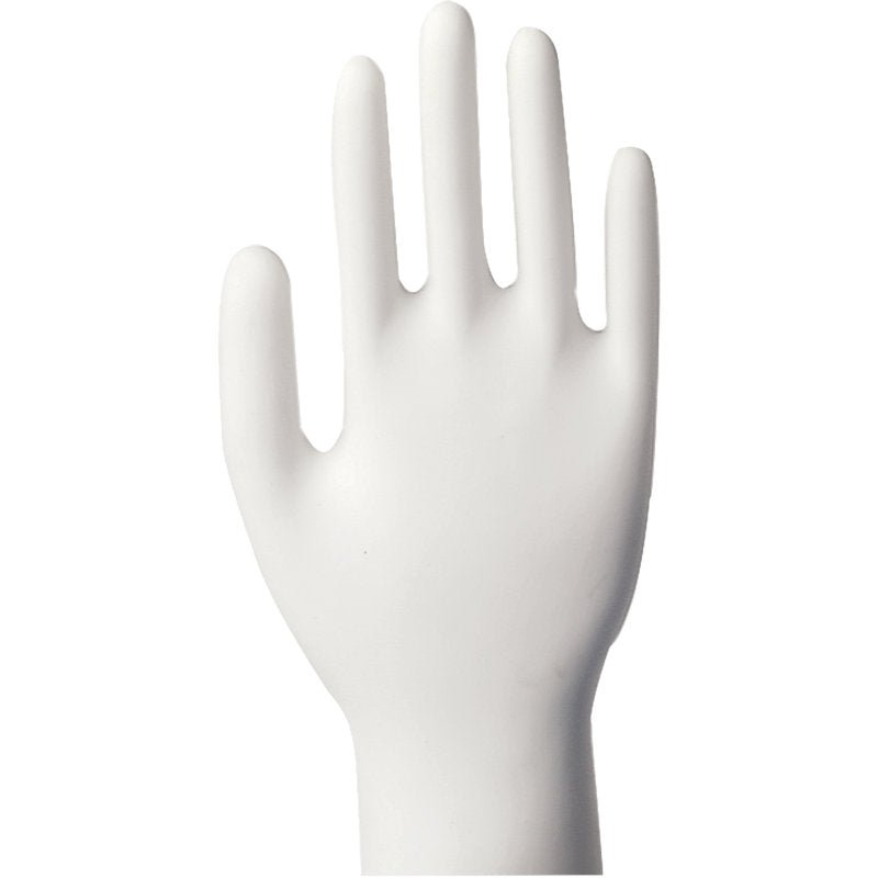 Uma mão de manequim transparente com dedos ligeiramente abertos mostra as luvas de vinil Classic da Abena Re-Seller GmbH, sem pó - as luvas descartáveis ideais - diante de um fundo branco.