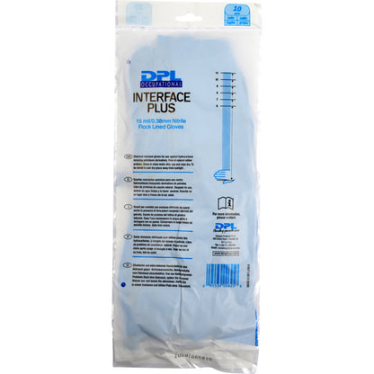 Uma embalagem de plástico transparente contém luvas de limpeza de nitrilo azul da Abena Re-Seller GmbH, tamanho 10, flocadas, com informações do produto e instruções na frente em letras azuis e pretas.