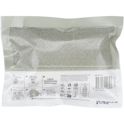 Na parte de trás da touca de champô Abena Re-Seller GmbH, ø 32 cm, Branca (1 peça) embalagem encontram-se instruções de uso, instruções de segurança, diretrizes de temperatura, gráficos em preto/cinza sobre branco, código de barras e instruções para lavar o cabelo sem água.