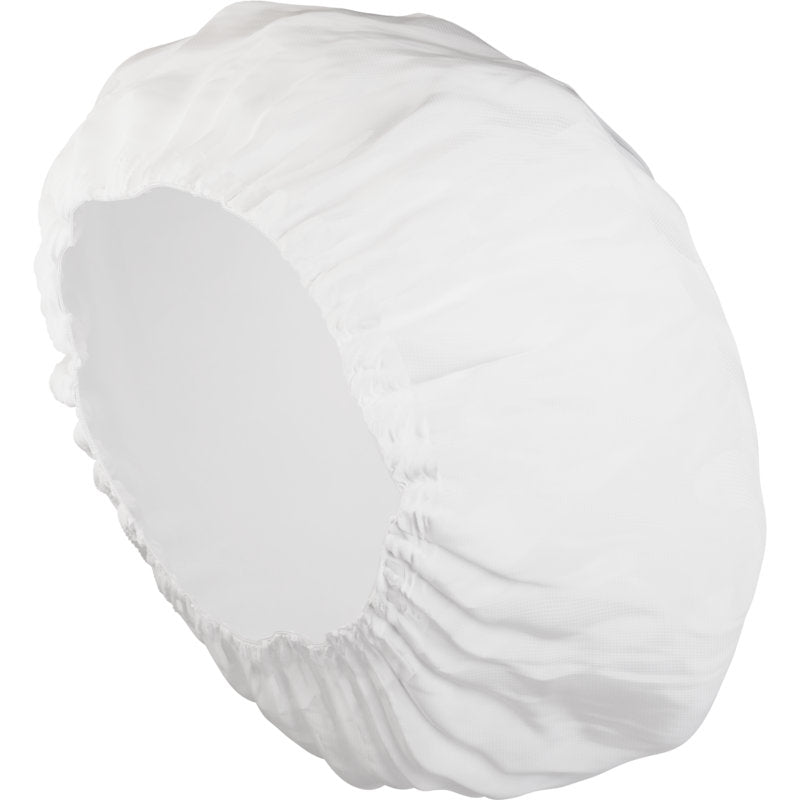 Uma touca de champô branca da Abena Re-Seller GmbH (ø 32 cm) é mostrada contra um fundo branco simples. Esta touca leve e impermeável é ideal para manter o cabelo limpo e seco sem lavar com água. Embalagem: 1 peça.