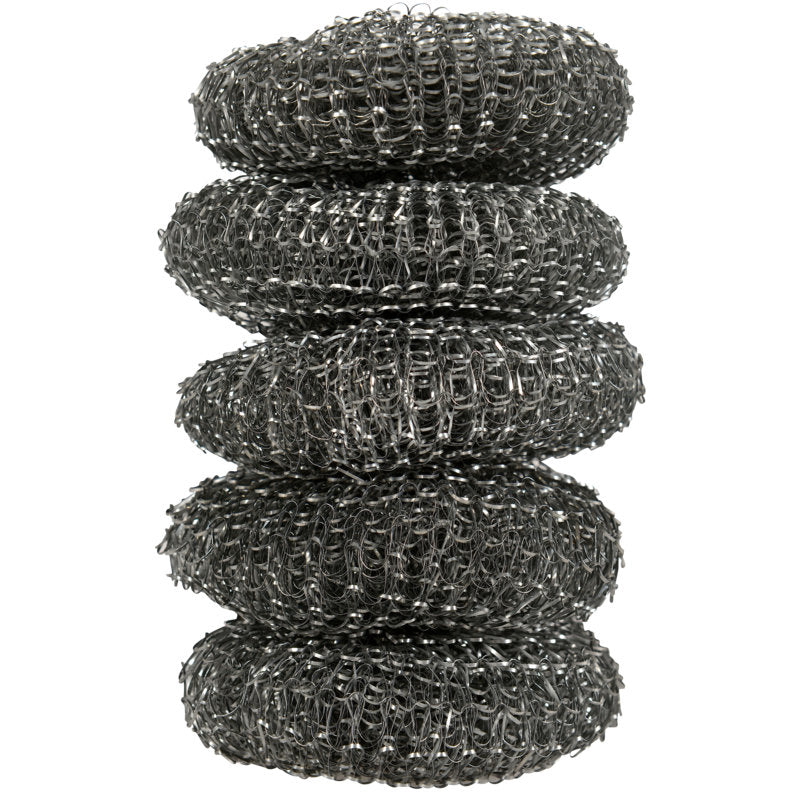 Eine Packung mit fünf 16 g Topfreiniger Scheuerpads der Abena Re-Seller GmbH, jeweils in Scheibenform und aus gewickeltem Metalldraht - perfekt für die Küchenreinigung und das Schrubben von Töpfen und Pfannen.