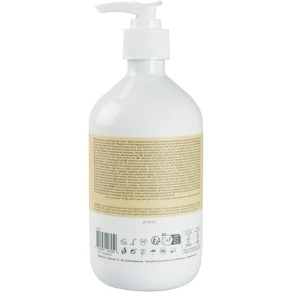 Garrafa de bomba de plástico branca com rótulo bege na parte de trás com informações do produto, ingredientes e símbolos de reciclagem para o creme de mãos Abena Re-Seller GmbH, 21% de teor de gordura, levemente perfumado.