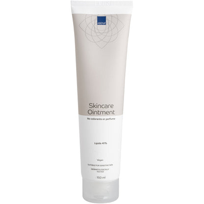 Um tubo bege-branco de 150 ml de creme de cuidado da pele Abena Re-Seller GmbH, caixa (12 pacotes), caracteriza-se por ingredientes naturais, sem corantes ou perfume, 41% de lipídios, fórmula vegana, testado dermatologicamente para pele seca.