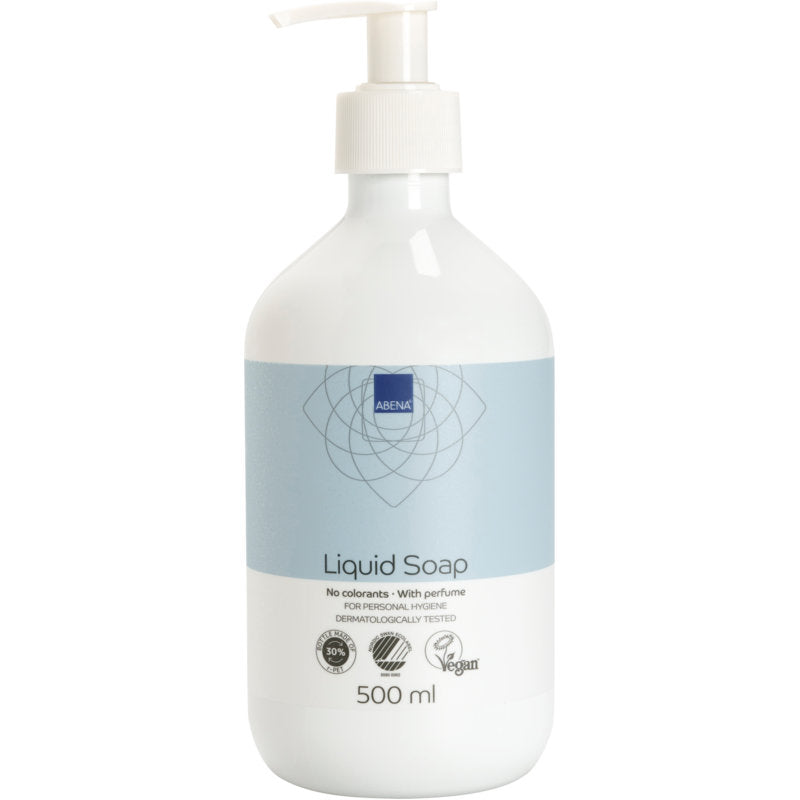 Uma garrafa branca de Sabonete Líquido da Abena Re-Seller GmbH, levemente perfumado, com uma bomba e rótulo azul. O sabonete vegano de 500 ml é dermatologicamente testado e livre de corantes.
