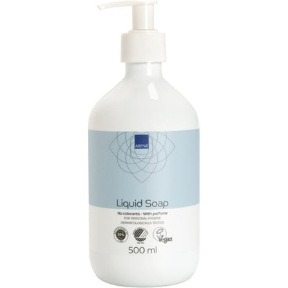 Uma garrafa branca de Sabonete Líquido da Abena Re-Seller GmbH, levemente perfumado, com uma bomba e rótulo azul. O sabonete vegano de 500 ml é dermatologicamente testado e livre de corantes.