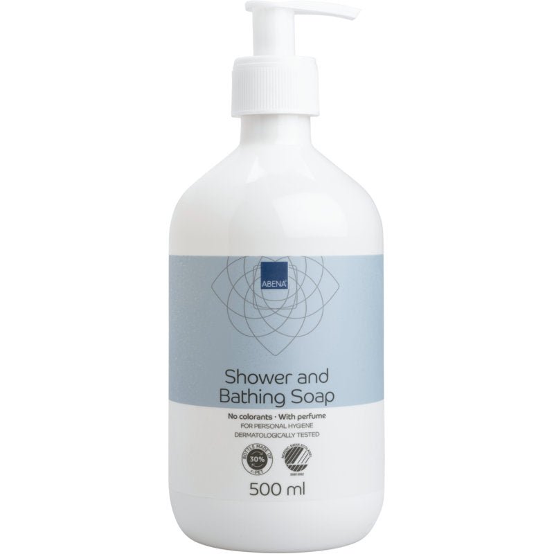 500 ml frasco com bomba Abena Re-Seller GmbH champô para cabelo e corpo com perfume, com frasco branco e rótulo azul claro, testado dermatologicamente para cuidados corporais; disponível em caixa de 6.