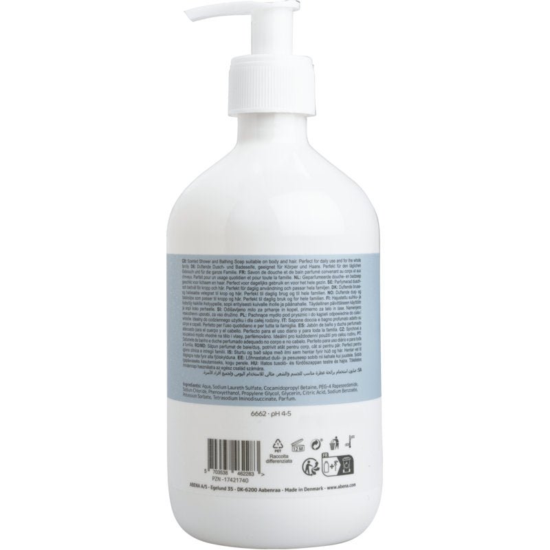 Um frasco branco com bomba e rótulo azul da Abena Re-Seller GmbH mostra informações multilingues sobre o produto e ingredientes do champô para cabelo e corpo com perfume, 500 ml. Na parte inferior do rótulo, encontram-se símbolos e um código de barras.