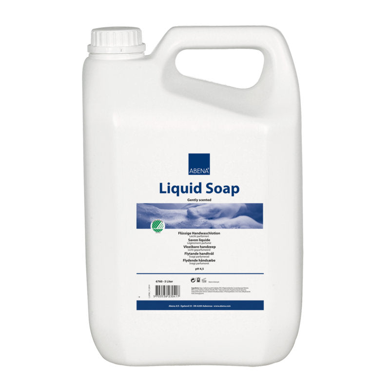 Um grande recipiente de plástico branco com alça e tampa de rosca, rotulado com "Abena Re-Seller GmbH Sabonete Líquido, levemente perfumado". O rótulo multilíngue fornece informações sobre o produto.