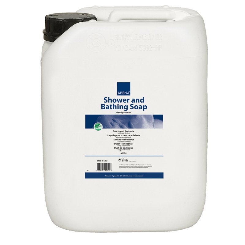 Garrafa plástica branca de 5.000 ml com tampa preta e a inscrição "Abena Re-Seller GmbH Sabonete de Duche e Banho, levemente perfumado" bem como letras azuis e brancas com instruções de uso. Vendido em caixa (2 embalagens).