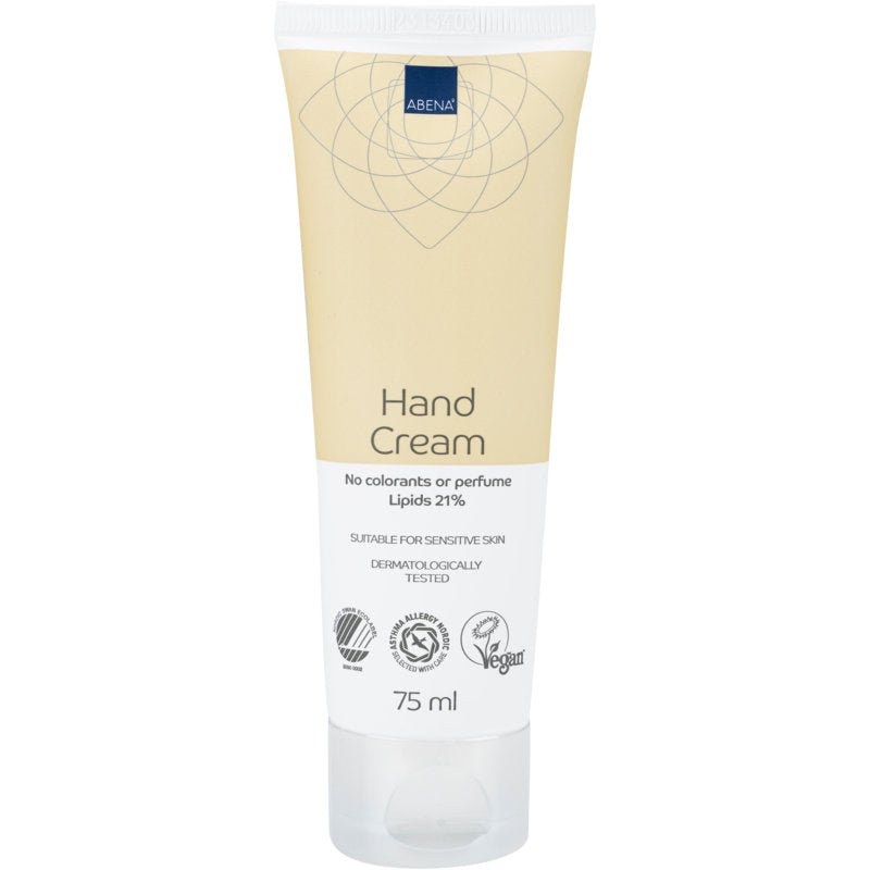Um tubo de 75 ml do creme de mãos da Abena Re-Seller GmbH, 21% de teor de gordura, sem perfume, vem com um rótulo bege e branco. É testado dermatologicamente, vegano, ideal para pele sensível e contém 21% de lipídios.