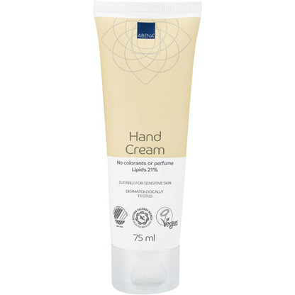 Um tubo de 75 ml do creme de mãos da Abena Re-Seller GmbH, 21% de teor de gordura, sem perfume, vem com um rótulo bege e branco. É testado dermatologicamente, vegano, ideal para pele sensível e contém 21% de lipídios.