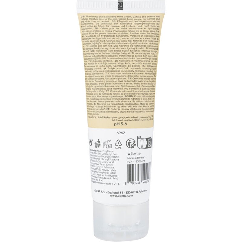 Um tubo bege e branco do creme de mãos da Abena Re-Seller GmbH (21% de teor de gordura, sem perfume) está em pé com um rótulo traseiro contendo informações, símbolos, ingredientes e um código de barras. O tubo possui uma tampa flip-top transparente.