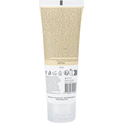 Um tubo bege e branco do creme de mãos da Abena Re-Seller GmbH (21% de teor de gordura, sem perfume) está em pé com um rótulo traseiro contendo informações, símbolos, ingredientes e um código de barras. O tubo possui uma tampa flip-top transparente.