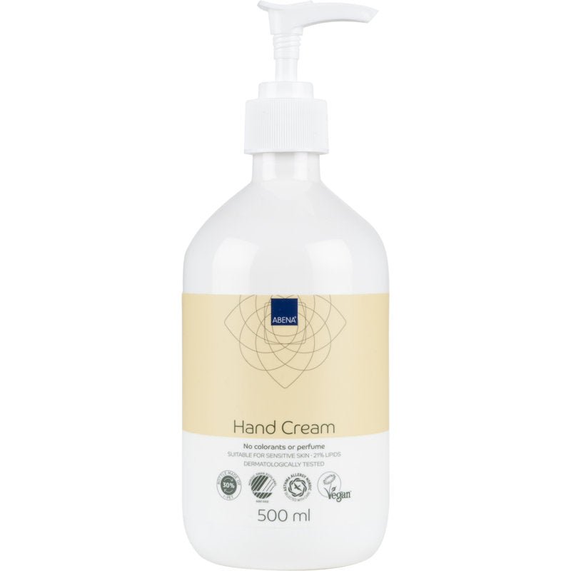 Um frasco de bomba de 500 ml do creme de mãos da Abena Re-Seller GmbH, 21% de teor de gordura, sem perfume. Testado dermatologicamente, vegano, adequado para pele sensível; não contém corantes nem perfume. Rótulo bege.
