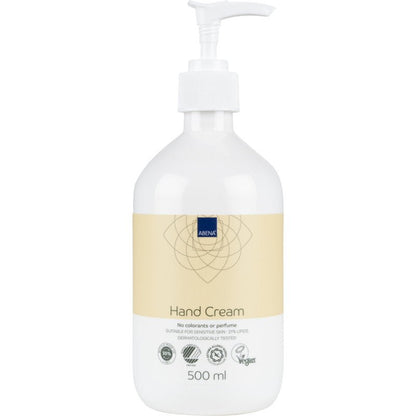 Um frasco de bomba de 500 ml do creme de mãos da Abena Re-Seller GmbH, 21% de teor de gordura, sem perfume. Testado dermatologicamente, vegano, adequado para pele sensível; não contém corantes nem perfume. Rótulo bege.