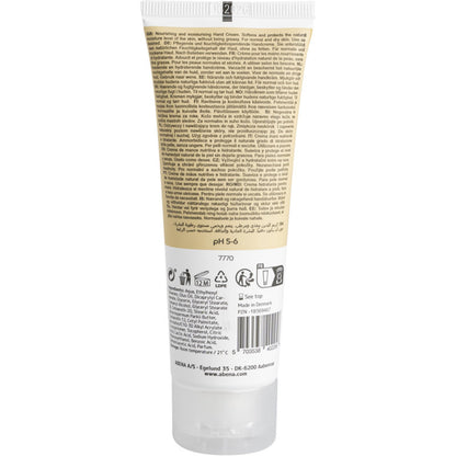 Um tubo do creme de mãos Abena Re-Seller GmbH (21% de teor de gordura, levemente perfumado) é mostrado de trás, com informações do produto, instruções e ingredientes em vários idiomas, bem como símbolos de uso e reciclagem na parte inferior.