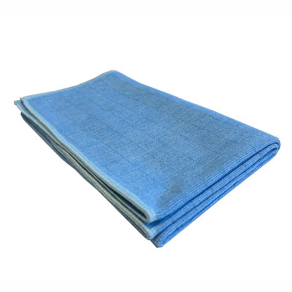 Um pano de chão de microfibra Arcora Floor-Clean da Arcora International GmbH, dobrado de forma limpa, com um padrão de grade azul, ideal para a limpeza de pisos. Vendido em um pacote de 10 peças e apresentado em um fundo branco simples.
