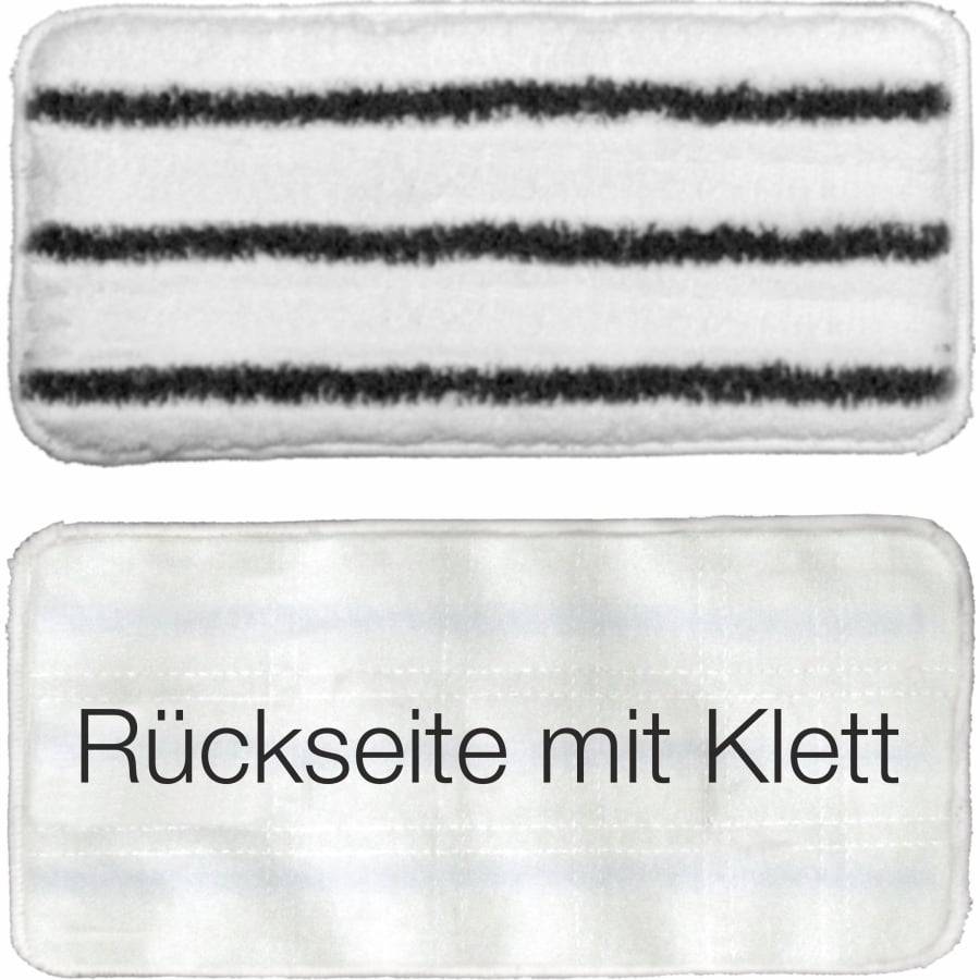 Abgebildet sind zwei rechteckige Arcora Handpad hard 27x13 cm (1 Stück) Reinigungspads der Arcora International GmbH - eines mit drei schwarzen Streifen, ideal für die professionelle Reinigung, mit einer einfarbig weißen Rückseite mit Klettverschluss.