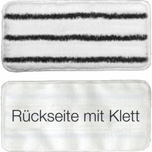 Na imagem, há duas almofadas de limpeza retangulares: a superior é o produto descontinuado Arcora Handpad duro 27x13 cm com superfície nanoestruturada e três listras pretas para uso profissional, e a inferior é uma simples almofada branca com a inscrição "Parte traseira com velcro". Marca: Arcora International GmbH.