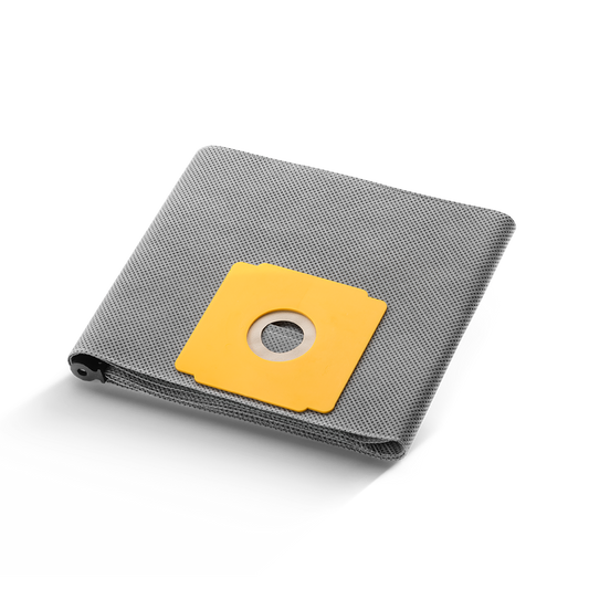 Ein Arcora Pro1Plus Dauerstofffilter Wiederverwendbar von Arcora International GmbH, grau mit gelbem Kunststoffanschluss, ist gefaltet auf einem einfarbig weißen Hintergrund abgebildet.