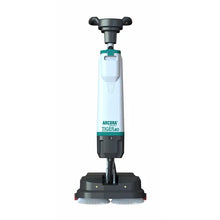 Die weiß-graue Arcora Tiger 40 Bodenreinigungsmaschine von Arcora International GmbH steht aufrecht mit zwei Rundbürsten am Sockel und einem Bediengriff für die professionelle Bodenreinigung. Die Lieferung erfolgt im Karton (1 Stück).