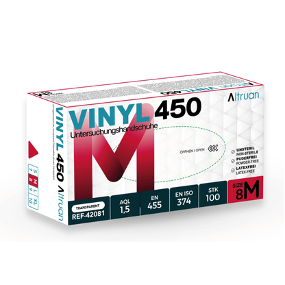 Eine Schachtel mit Altruan Vinyl 450 Einmalhandschuhen, transparent, Größe 8M, 100 Stück. Die Verpackung zeigt Produktdetails, Normen (EN 455, EN ISO 374) und Icons für latexfrei, unsteril und puderfrei.