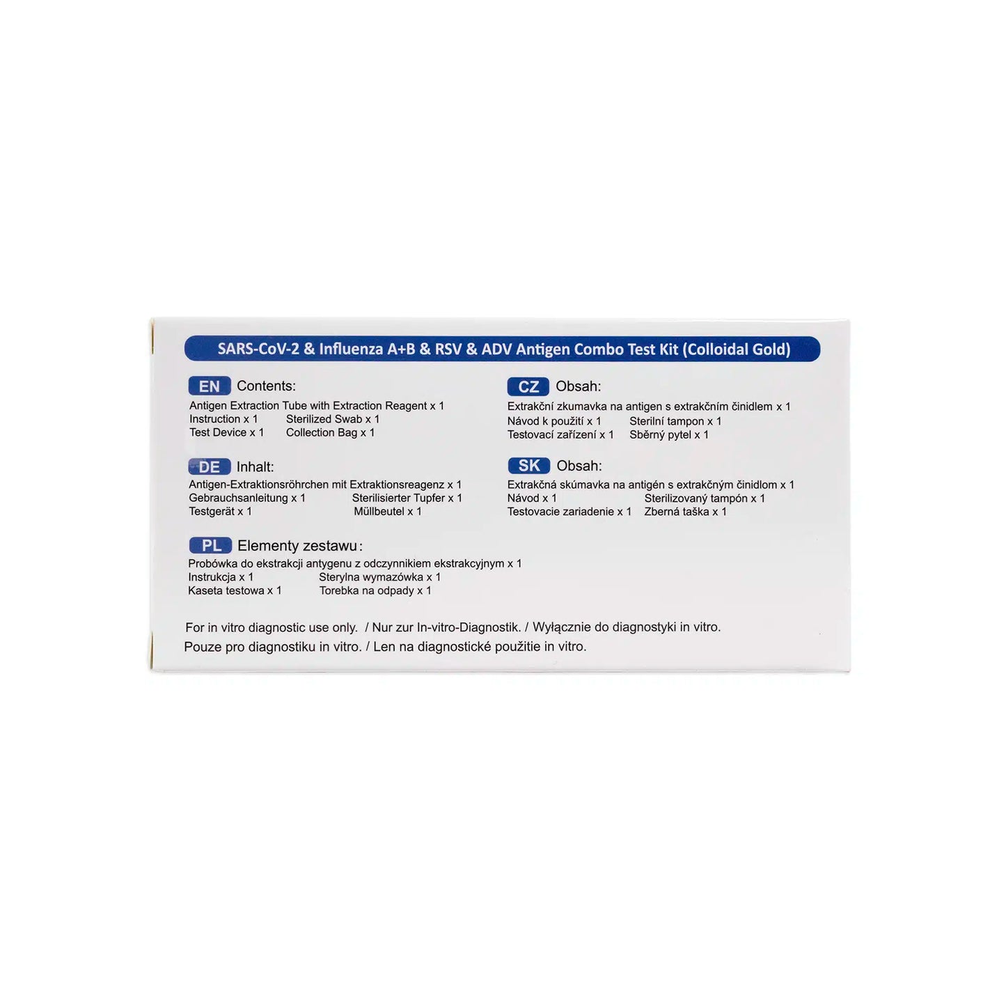 Uma caixa branca da Altruan mostra informações sobre o DeepBlue Combo 5in1 Teste Rápido de Antígeno - SARS-CoV-2, Influenza A+B, RSV & Adenovírus (1 unidade) em inglês, checo e eslovaco com indicações claras sobre conteúdo e finalidade de uso.