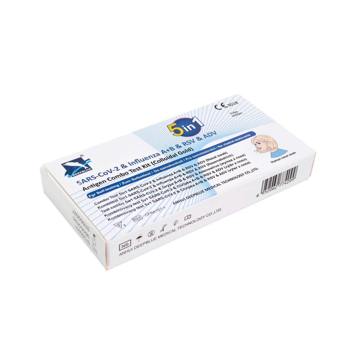 O Altruan DeepBlue Combo 5in1 Teste Rápido de Antígeno (SARS-CoV-2, Influenza A+B, RSV & Adenovírus) é fornecido em uma embalagem retangular azul e branca com instruções e detalhes do produto. A embalagem contém 1 unidade.