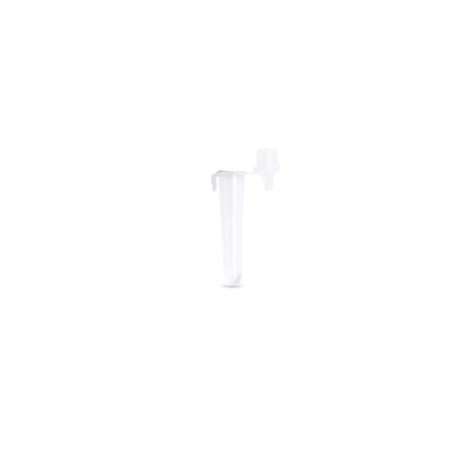 Um tubo de microcentrífuga de plástico transparente com tampa, como encontrado no DeepBlue Combo 5in1 Teste Rápido de Antígeno da Altruan (SARS-CoV-2, Influenza A+B, RSV & Adenovírus), é mostrado em pé sobre um fundo branco simples.