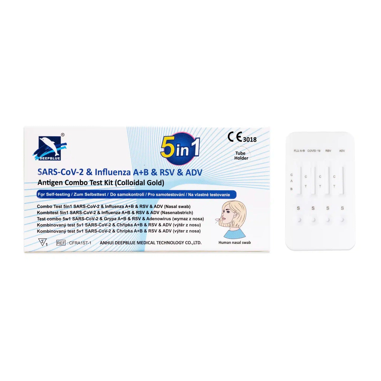 O Altruan DeepBlue Combo 5in1 Teste Rápido de Antígeno (1 unidade) testa para SARS-CoV-2, Influenza A+B, RSV & Adenovírus. A embalagem contém uma informação do produto e tiras de teste transparentes com cavidades para amostras para fácil leitura dos resultados.