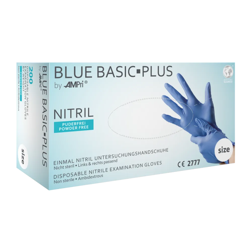 Uma caixa retangular para luvas de nitrilo AMPri BASIC-PLUS sem pó, várias cores | Caixa (200 unidades). As luvas são não estéreis e adequadas para ambas as mãos. A caixa mostra uma luva azul e detalhes do produto em várias línguas, com indicação dos tamanhos.