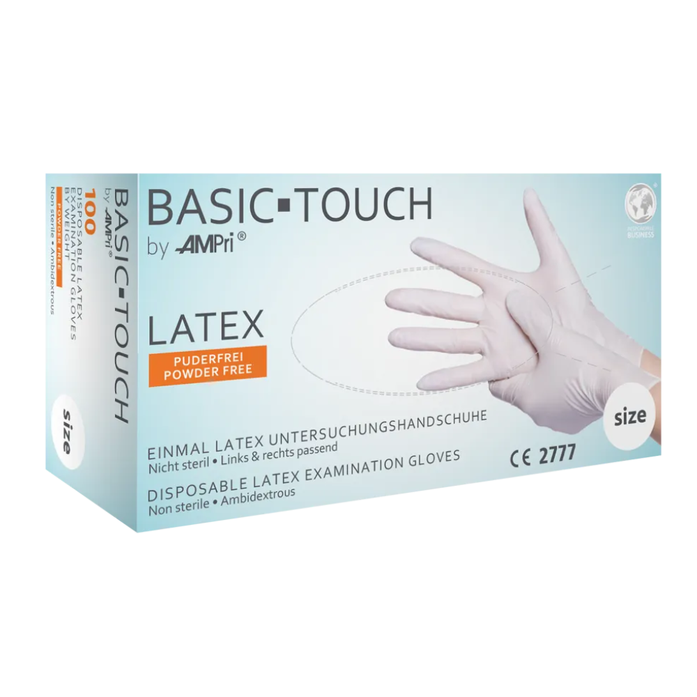 Uma caixa de luvas de látex AMPri BASIC-TOUCH sem pó, branca. A caixa traz a inscrição "Powder Free" e mostra a imagem de uma mão enluvada. O texto está em alemão e inglês. A caixa contém 100 luvas descartáveis, ambidestras, não estéreis, brancas, de tamanho não especificado da marca AMPri Handelsgesellschaft mbH.