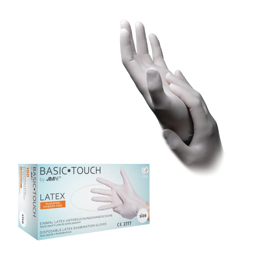 Uma caixa de luvas de látex AMPri BASIC-TOUCH sem pó, branca | Caixa (100 unidades) com um par de mãos enluvadas, que se tocam por cima. Na caixa estão visíveis o nome do produto, o tamanho das luvas e outros detalhes, enquanto as mãos da AMPri Handelsgesellschaft mbH aparecem em uma pose graciosa e entrelaçada com luvas de látex sem pó.