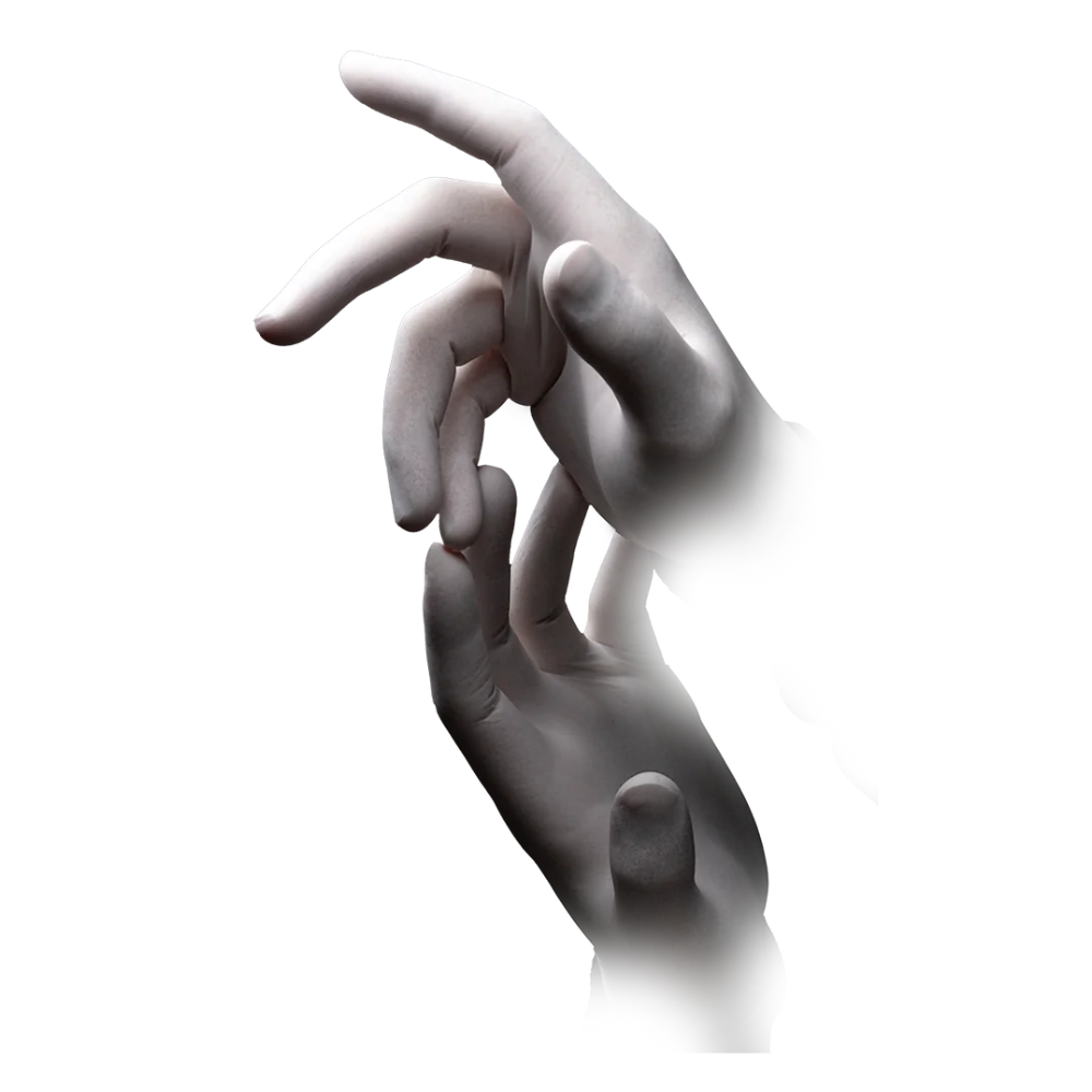 Um close-up mostra duas mãos cujos dedos se tocam suavemente. As mãos e dedos, elegantemente adornados com luvas de látex AMPri BASIC-TOUCH sem pó, branca da AMPri Handelsgesellschaft mbH, estão parcialmente desvanecidos em direção aos pulsos, criando um efeito de dissolução diante de um fundo branco.