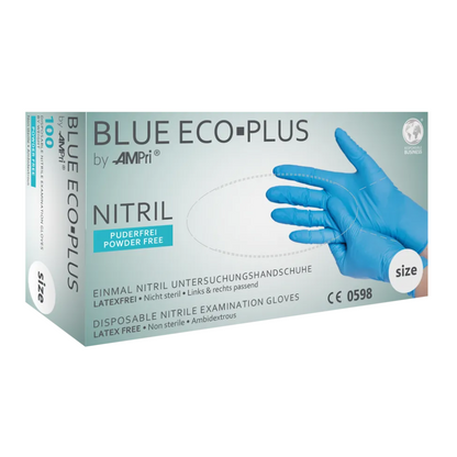 Uma caixa de luvas de exame descartáveis AMPri BLUE ECO-PLUS de nitrilo, sem pó, azul, da AMPri Handelsgesellschaft mbH. A caixa é identificada como sem pó, sem látex, não estéril, ambidestra e contém 100 luvas. Ideal para a indústria alimentar, a imagem mostra uma mão usando uma luva azul.