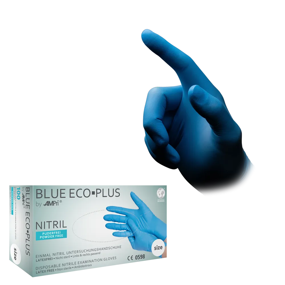 Imagem de uma mão com uma luva de nitrilo azul, apontando para cima. Abaixo da mão está uma caixa de "Luvas de Nitrilo AMPri BLUE ECO-PLUS sem pó, Azul" da AMPri Handelsgesellschaft mbH. A caixa destaca que estas luvas descartáveis de nitrilo são sem pó, sem látex e adequadas para uso único, sendo assim ideais para a indústria alimentar.