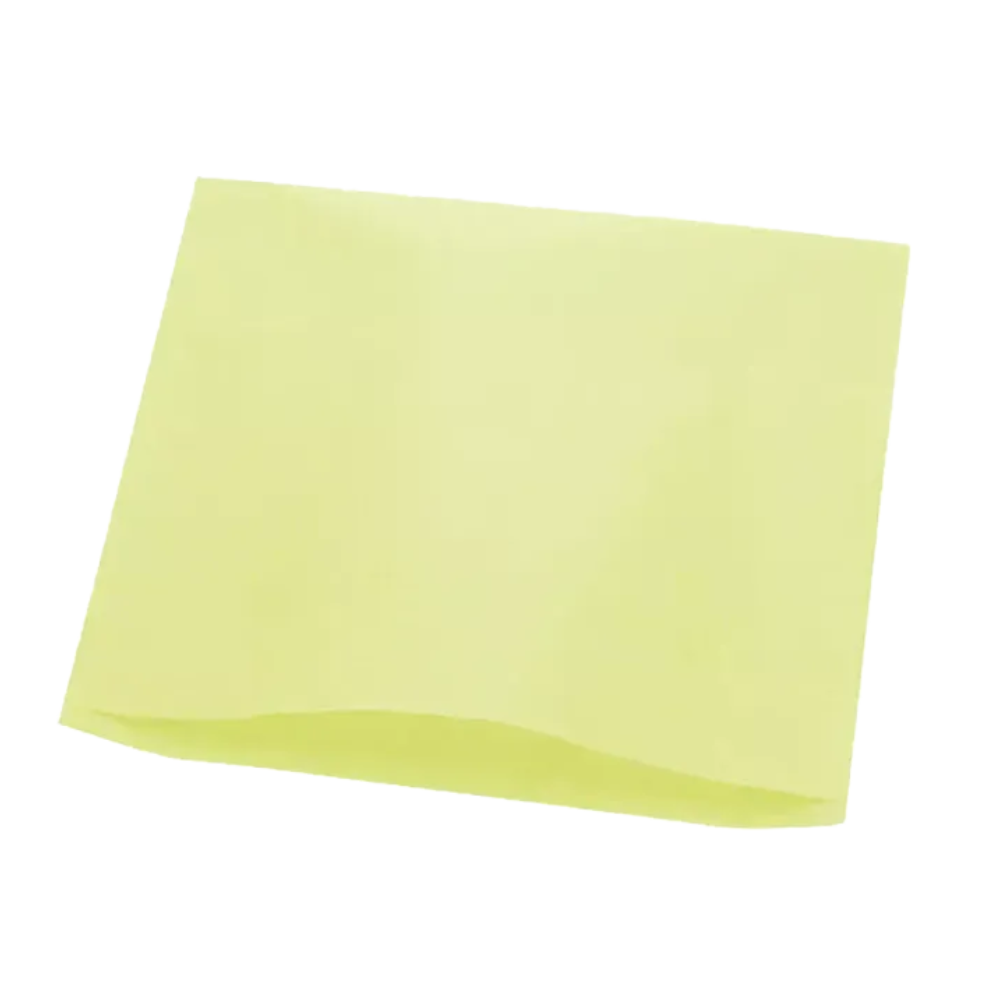 Um único post-it amarelo com sombras leves sobre um fundo branco reflete a simplicidade compacta do protetor de apoio de cabeça AMPri Dental em papel tissue da AMPri Handelsgesellschaft mbH. O papel está vazio e quadrado.