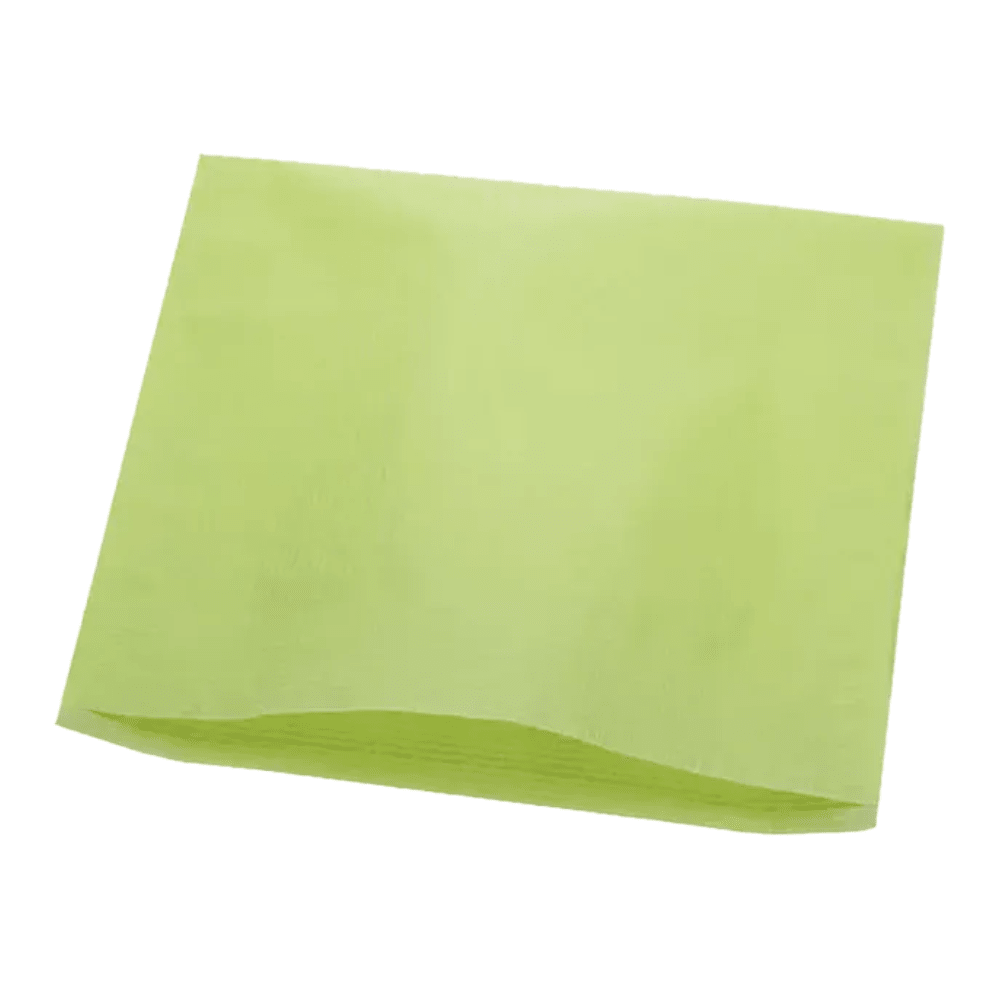 Uma capa de apoio de cabeça dental quadrada e verde-clara em papel tissue da AMPri Handelsgesellschaft mbH está dobrada e repousa plana sobre um fundo branco.