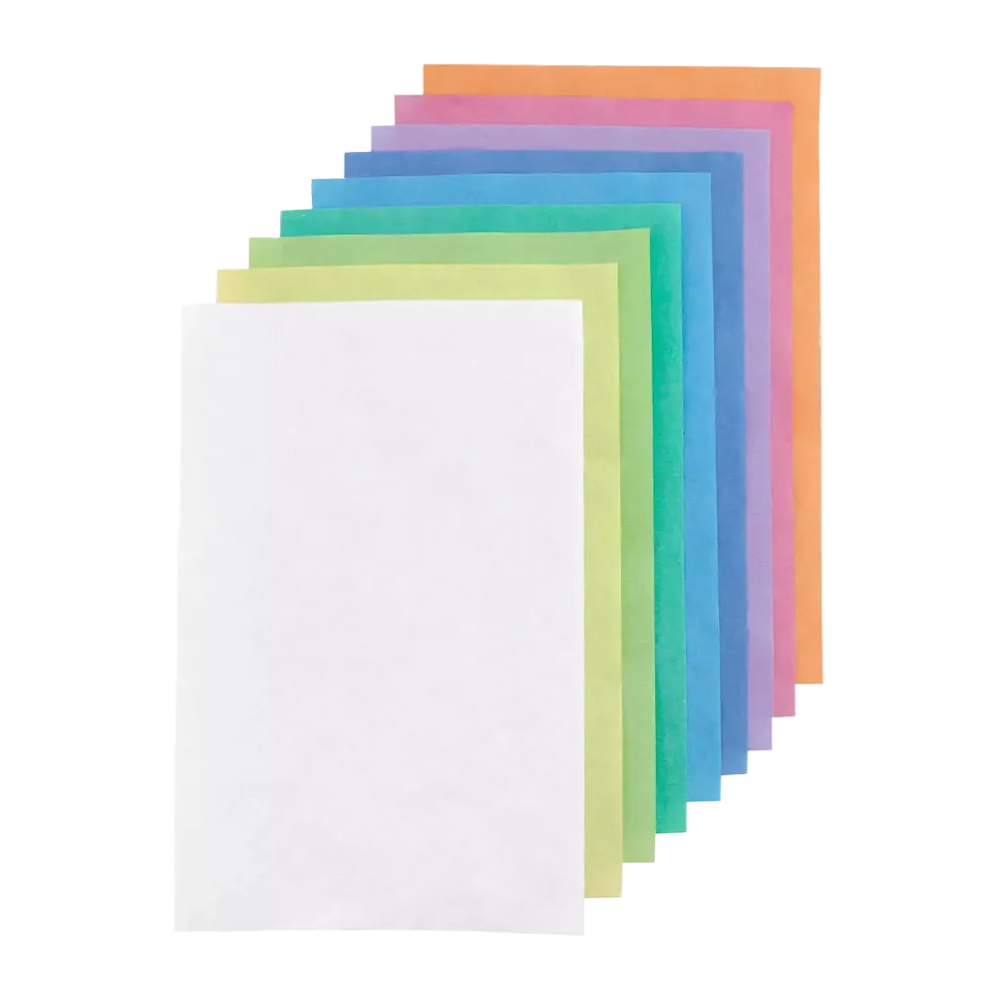 Uma pilha de dez folhas de papel de filtro para bandeja AMPri Dental Kreppauflage nas cores branco, rosa, azul, verde e laranja da AMPri Handelsgesellschaft mbH. As folhas estão dispostas em um padrão levemente em leque.