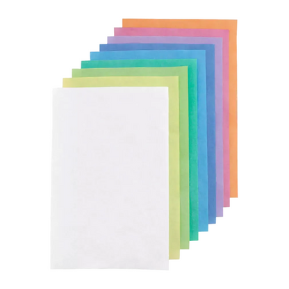Uma pilha de dez folhas de papel de filtro para bandeja AMPri Dental Kreppauflage nas cores branco, rosa, azul, verde e laranja da AMPri Handelsgesellschaft mbH. As folhas estão dispostas em um padrão levemente em leque.