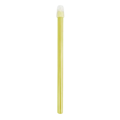 Sobre um fundo branco, é visível um sugador de saliva AMPri Dental da AMPri Handelsgesellschaft mbH, disponível nos tamanhos 130 mm e 150 mm e em várias cores. Este canudo de plástico amarelo tem uma tampa de plástico transparente em uma extremidade e é normalmente usado em tratamentos dentários.