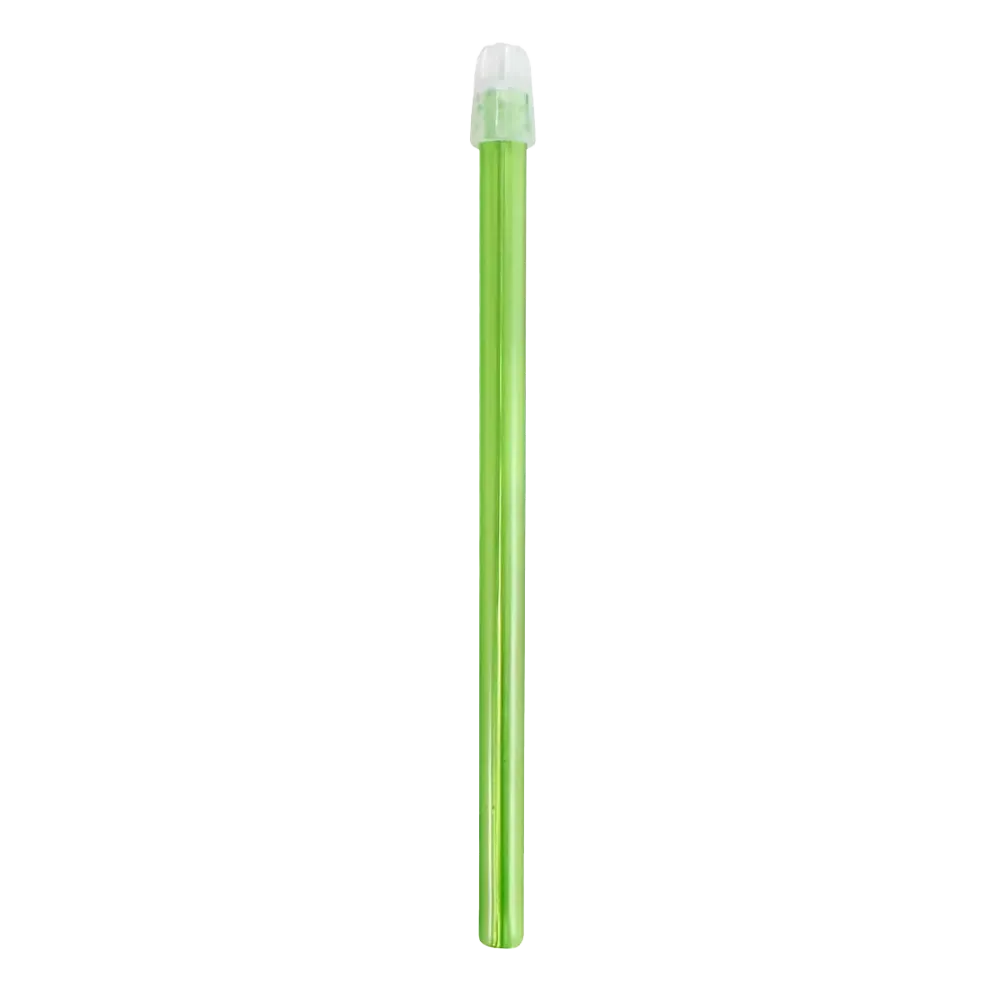 Um recipiente cilíndrico verde com tampa transparente, adequado para os sugadores de saliva dental AMPri de 130 mm e 150 mm em várias cores, garante eficiência no tratamento odontológico.