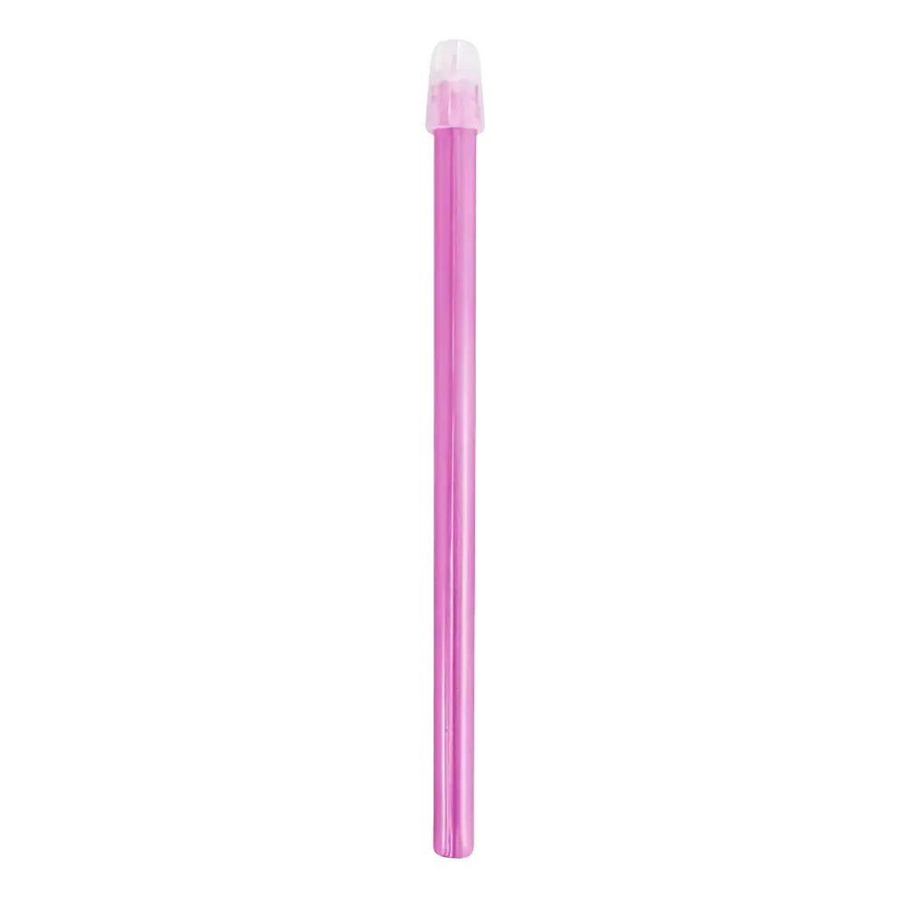 Um sugador de saliva dental da AMPri Handelsgesellschaft mbH, feito de plástico rosa com uma tampa transparente em uma extremidade, é mostrado sobre um fundo branco simples.