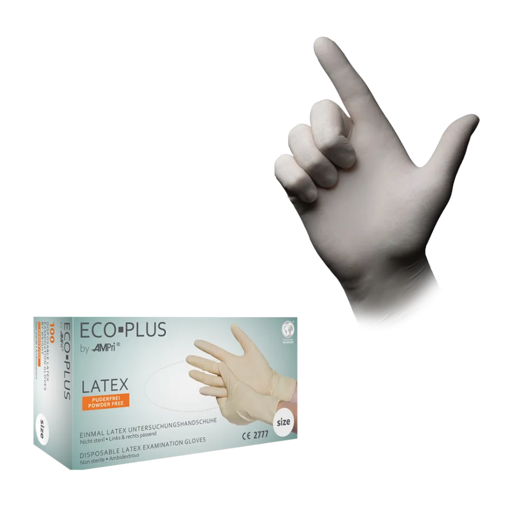 À esquerda está uma caixa de luvas de látex AMPri ECO-PLUS sem pó, branco da AMPri Handelsgesellschaft mbH. À direita, vê-se uma mão com uma das luvas, com o polegar apontando para cima. O design na caixa e na luva é simples, o texto é predominantemente em alemão.