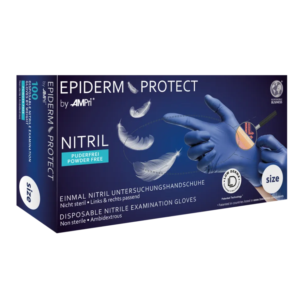 Uma caixa de luvas de nitrilo AMPri Epiderm Protect da MED-COMFORT sem pó, azul metálico. A caixa azul metálica mostra a imagem de uma mão usando uma luva azul e segurando uma pena. Etiquetas indicam que as luvas são não estéreis, sem pó e ambidestras, e o tamanho está especificado. A caixa contém 100 unidades e é fabricada pela AMPri Handelsgesellschaft mbH.