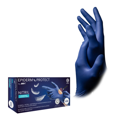 Uma caixa de luvas de nitrilo AMPri Epiderm Protect da MED-COMFORT sem pó, azul metálico (100 unidades) da AMPri Handelsgesellschaft mbH é exibida ao lado de um par de mãos com luvas azul metálico. Na caixa com a inscrição "sem pó" está ilustrada uma mão apontando para a direita.