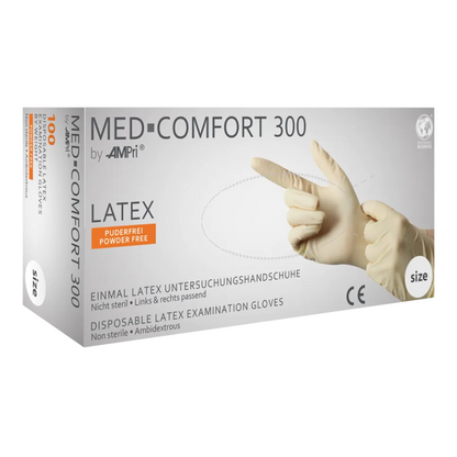 Uma caixa branca de luvas de látex AMPri MED-COMFORT 300 sem pó, branca da AMPri Handelsgesellschaft mbH. Na caixa está escrito que as luvas são sem pó, não estéreis, adequadas para ambas as mãos e no tamanho L - ideal para hospitais. Um par de mãos enluvadas está ilustrado, com uma mão apontando para a frente e a outra formando um "L".