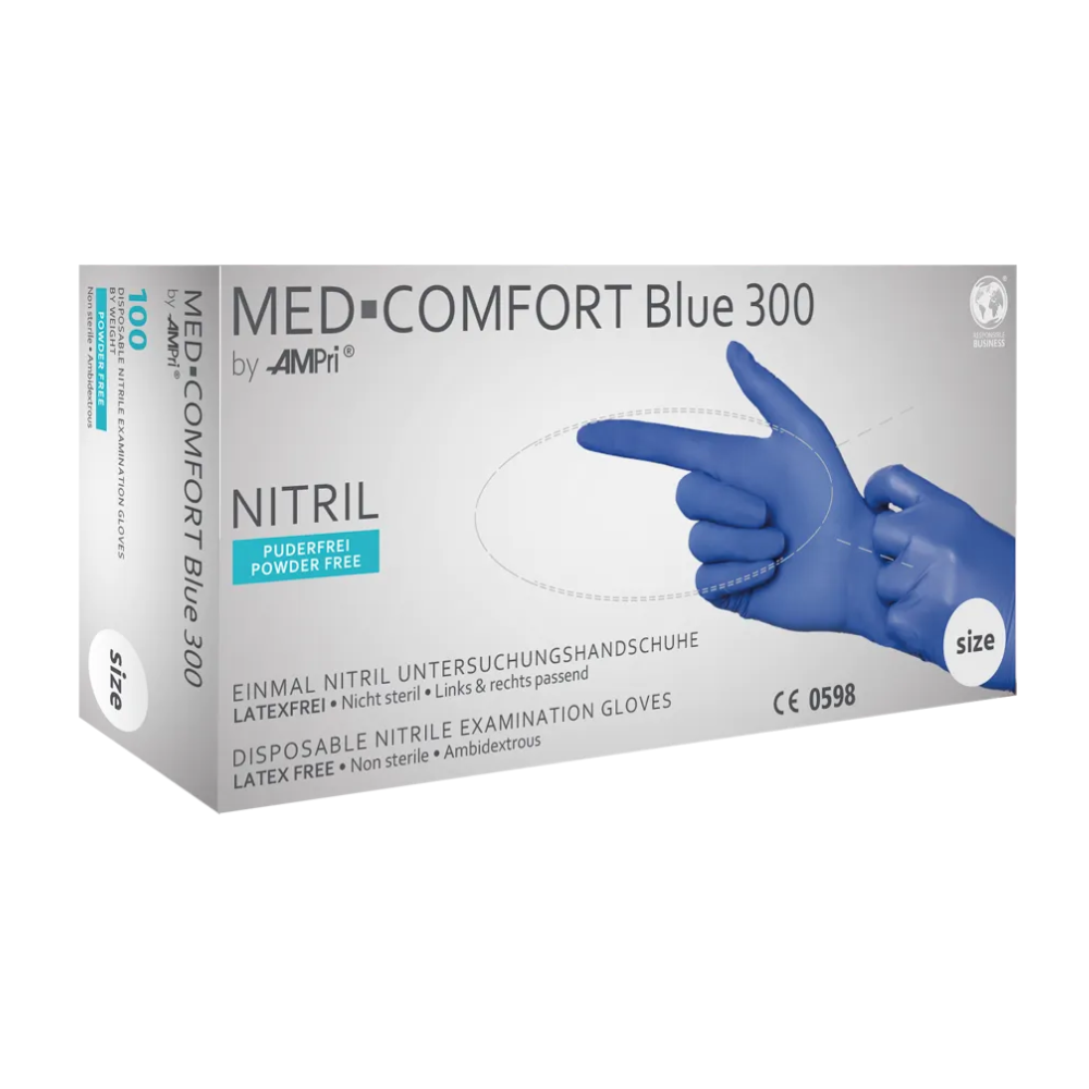 Uma caixa branca com a marca "AMPri Handelsgesellschaft mbH" e a inscrição "AMPri MED-COMFORT BLUE 300 luvas de nitrilo extra longas sem pó, azul | Caixa (100 unidades)" contém 100 luvas de exame descartáveis de nitrilo. Estas luvas são sem pó, sem látex, não estéreis e adequadas para ambas as mãos. Na caixa há uma imagem com uma luva azul e informações sobre o produto.