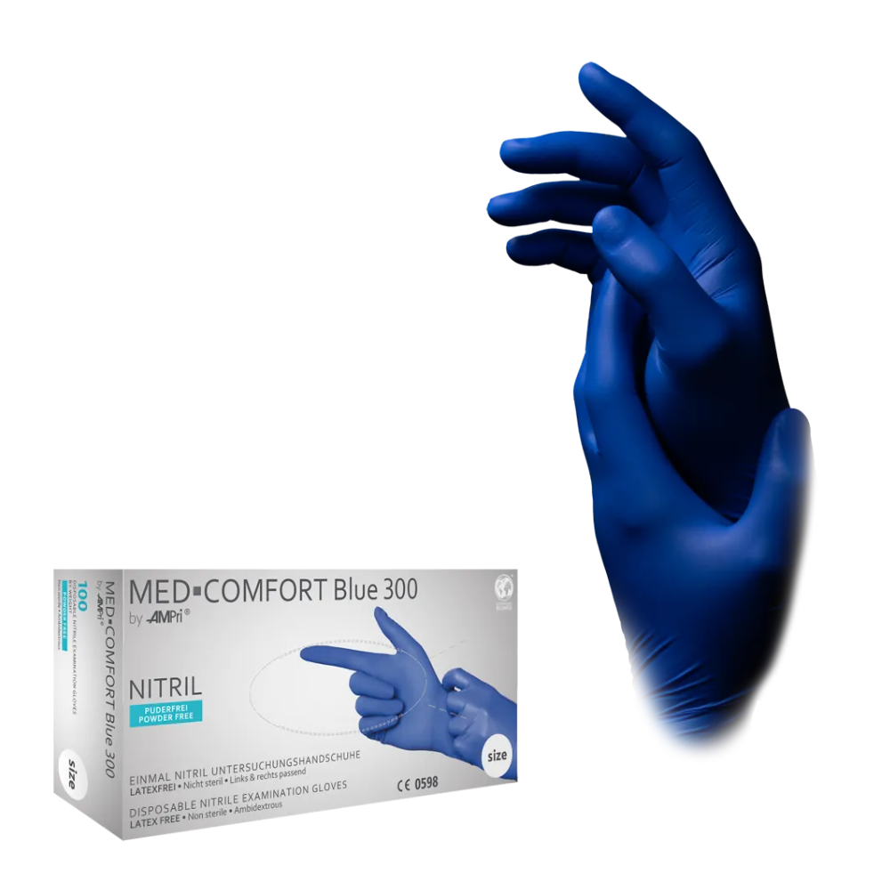 Uma caixa de luvas de nitrilo AMPri MED-COMFORT BLUE 300 extra longas sem pó, azul da AMPri Handelsgesellschaft mbH é exibida ao lado de uma imagem de duas mãos com luvas de nitrilo azuis. Na caixa há um texto que indica que as luvas são sem látex e sem pó.